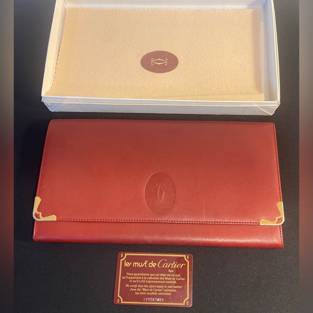 Cartier Burgundy Leather Clutch with Gold Accents